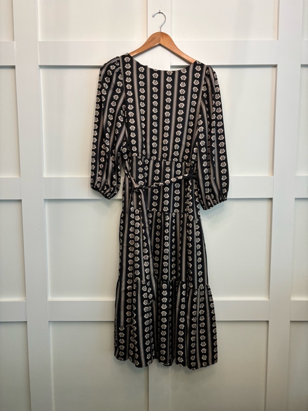 Ann Taylor Black and Cream Striped Floral Midi Dress